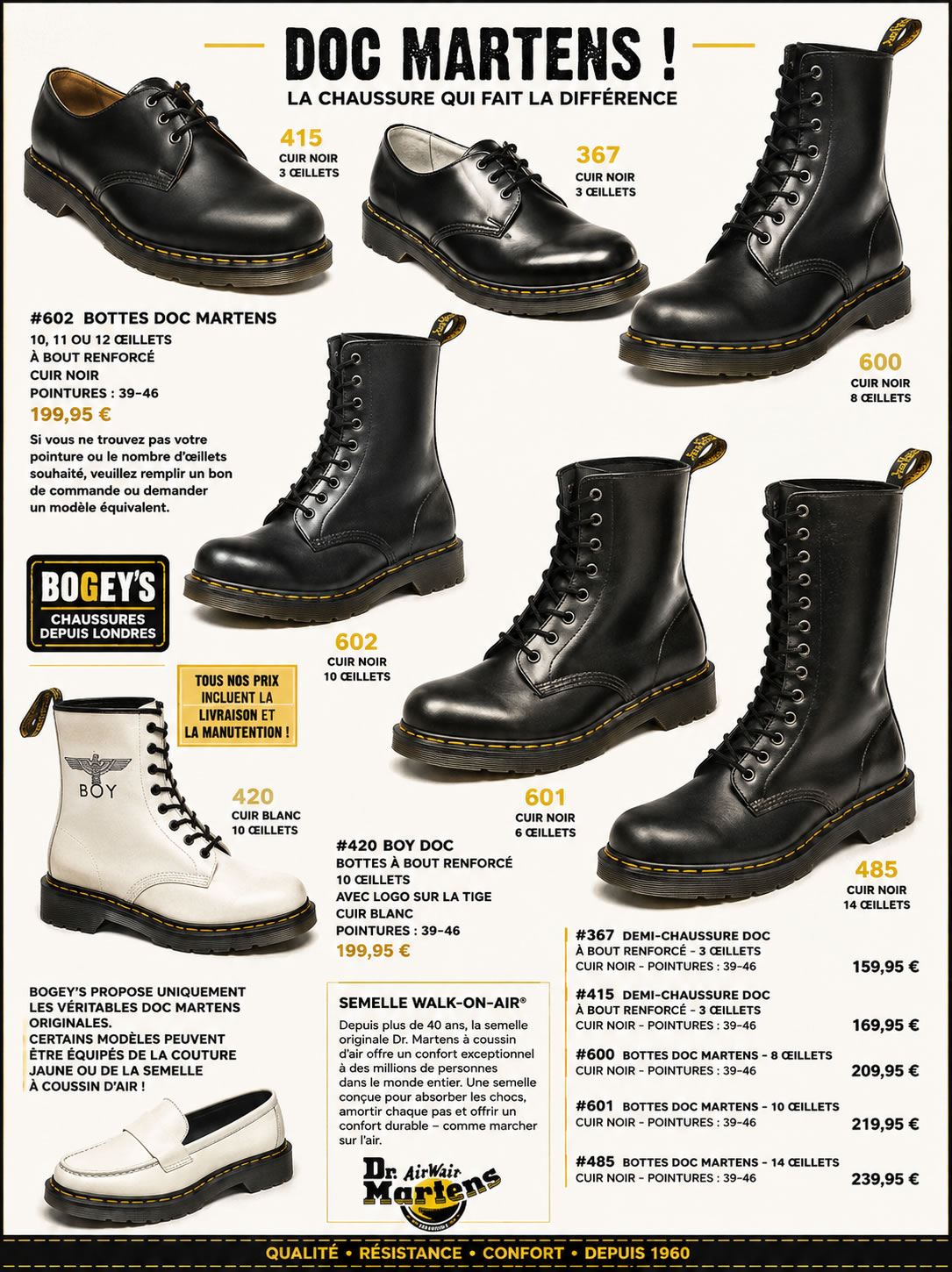 Catalogue vintage Dr. Martens : premiers modèles emblématiques des années 1960 Ancien catalogue Dr. Martens présentant les premiers modèles de chaussures et bottes à coussin d'air avec les références historiques 415, 485, 600, 601 et 602.