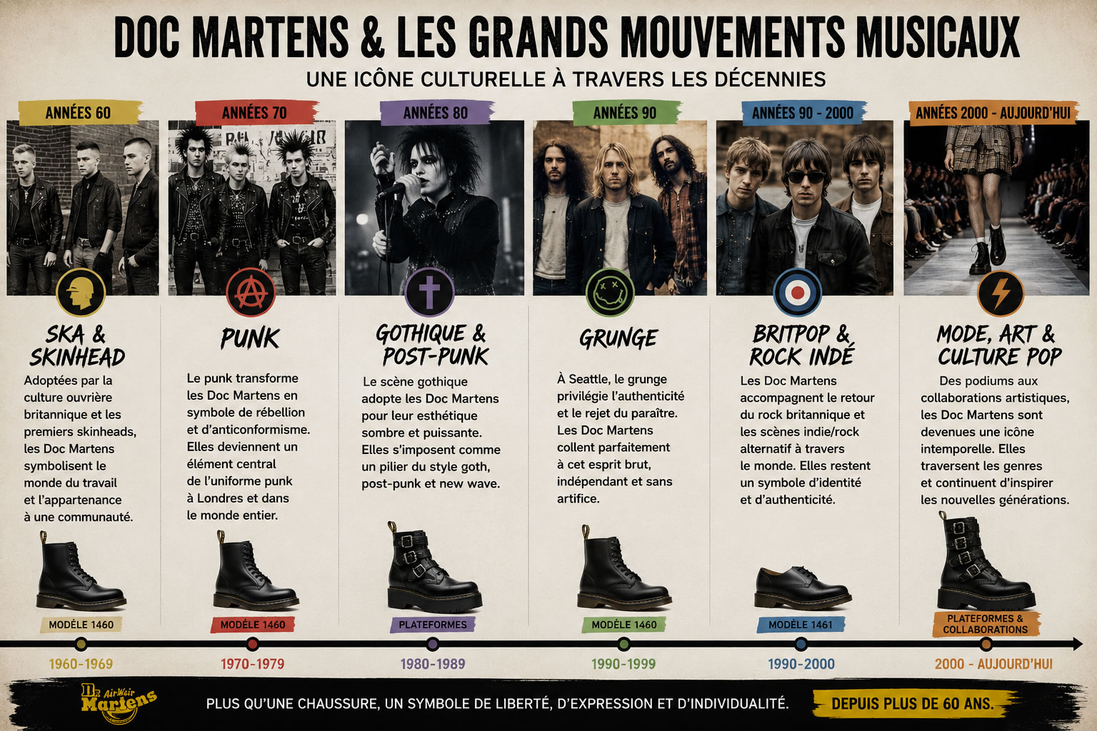 Chronologie des grands mouvements musicaux associés aux Doc Martens (1960 à aujourd'hui) Frise chronologique illustrant les principaux mouvements musicaux ayant popularisé les Doc Martens : ska, skinhead, punk, post-punk, gothique, grunge, britpop, rock indépendant et culture pop contemporaine.