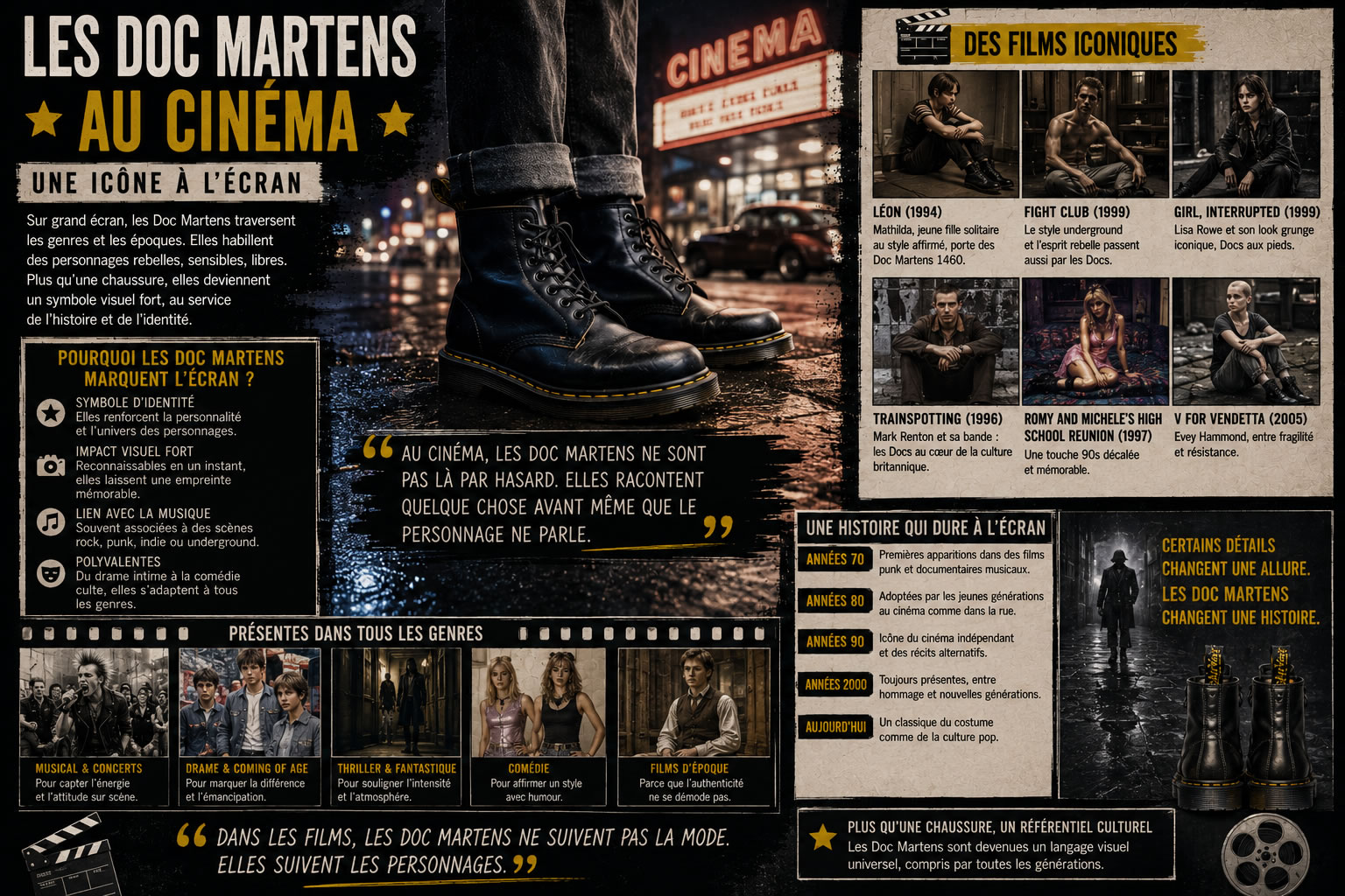 Les Doc Martens au cinéma : une icône de la culture populaire à l'écran Illustration représentant les Doc Martens dans le cinéma, montrant leur présence dans différents univers cinématographiques où elles incarnent la rébellion, l'authenticité et l'expression personnelle.