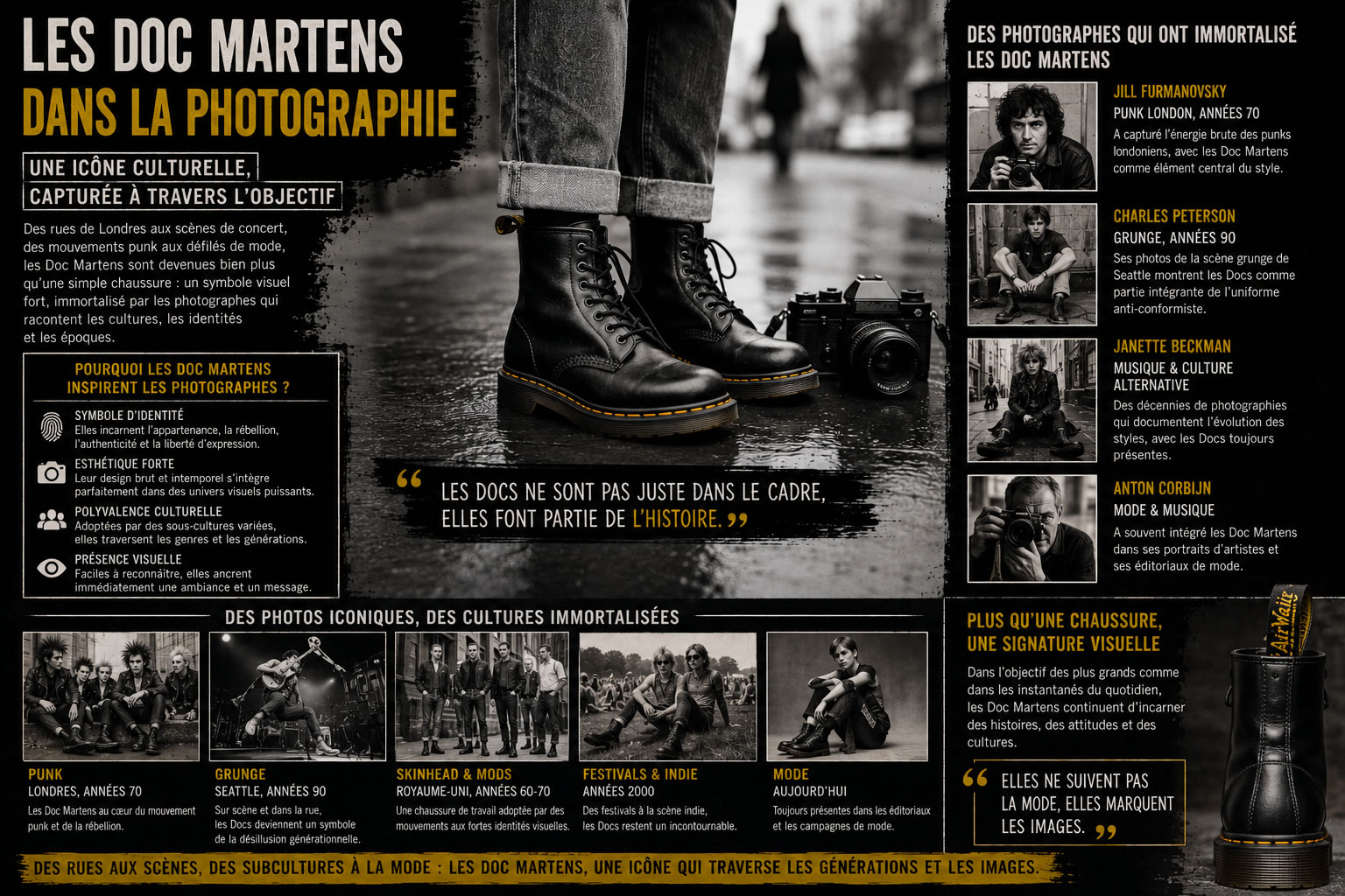 Les Doc Martens dans la photographie : une icône visuelle de la culture alternative Illustration montrant l'influence des Doc Martens dans la photographie, des scènes punk et grunge aux éditoriaux de mode, où les célèbres bottes deviennent un symbole visuel de la culture alternative.