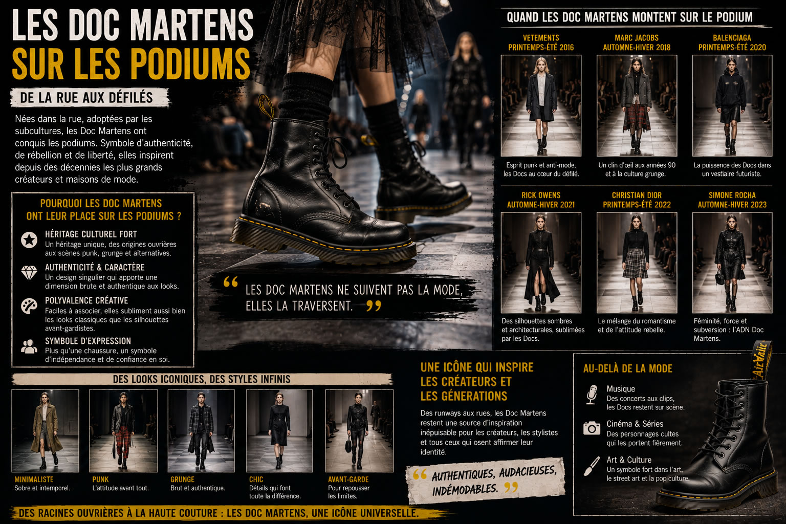 Les Doc Martens sur les podiums : de la rue aux défilés de mode Illustration montrant les Doc Martens sur les podiums de mode, mettant en avant leur évolution des contre-cultures vers les défilés de créateurs et la haute couture.