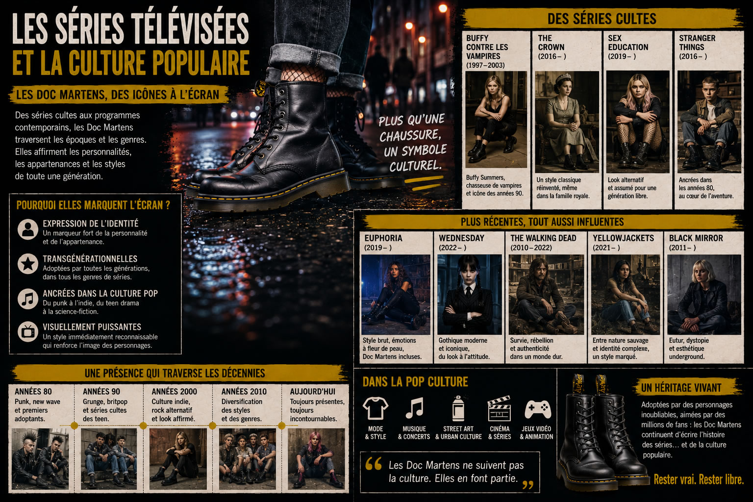 Les Doc Martens dans les séries télévisées : une icône de la culture populaire Illustration représentant les Doc Martens dans les séries télévisées, montrant leur influence sur les personnages emblématiques et leur rôle dans la culture populaire contemporaine.