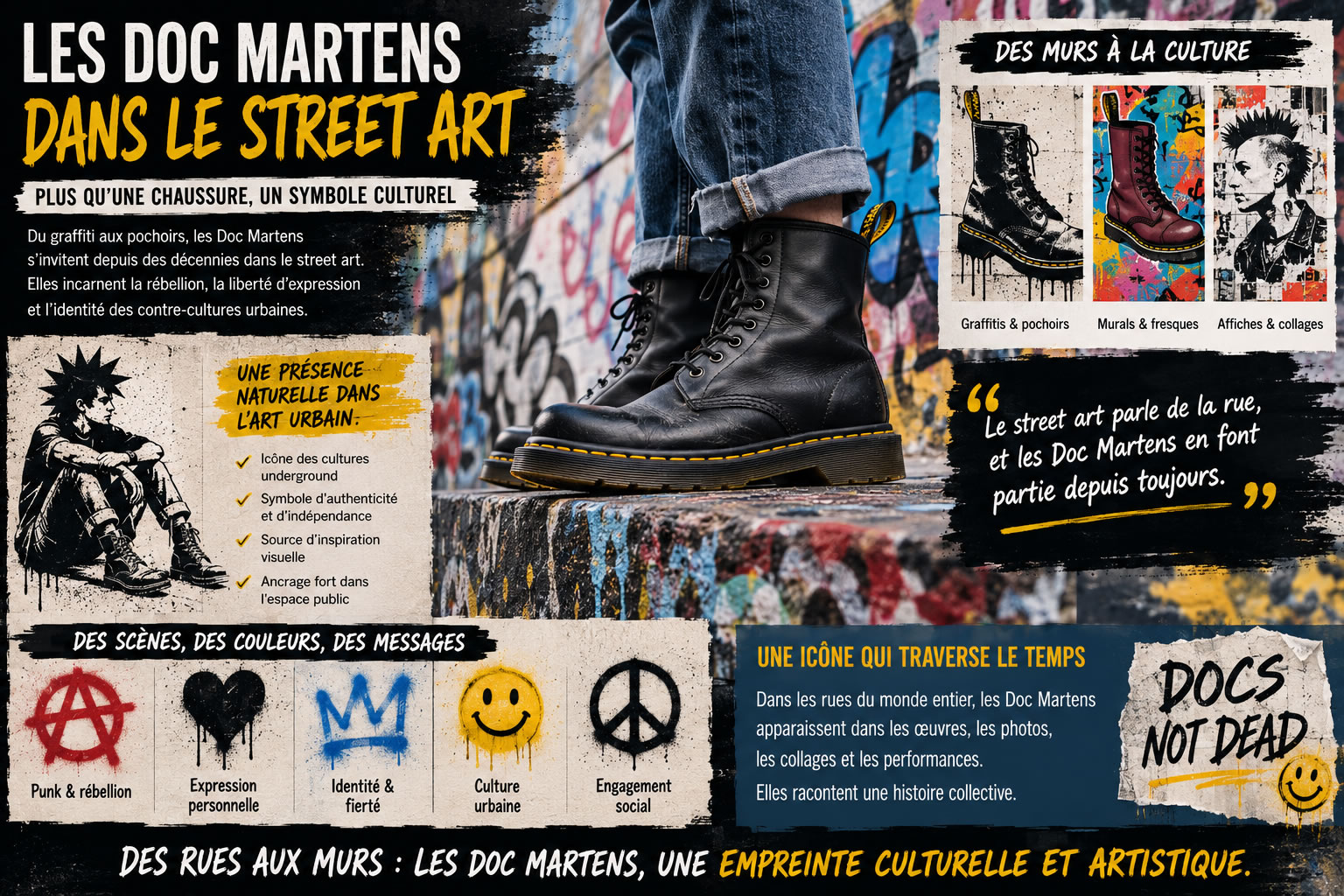 Les Doc Martens dans le street art : une icône des cultures urbaines Illustration représentant les Doc Martens dans l'univers du street art, avec des fresques murales, des graffitis, des pochoirs et les célèbres bottes devenues un symbole des cultures urbaines et de l'expression artistique.