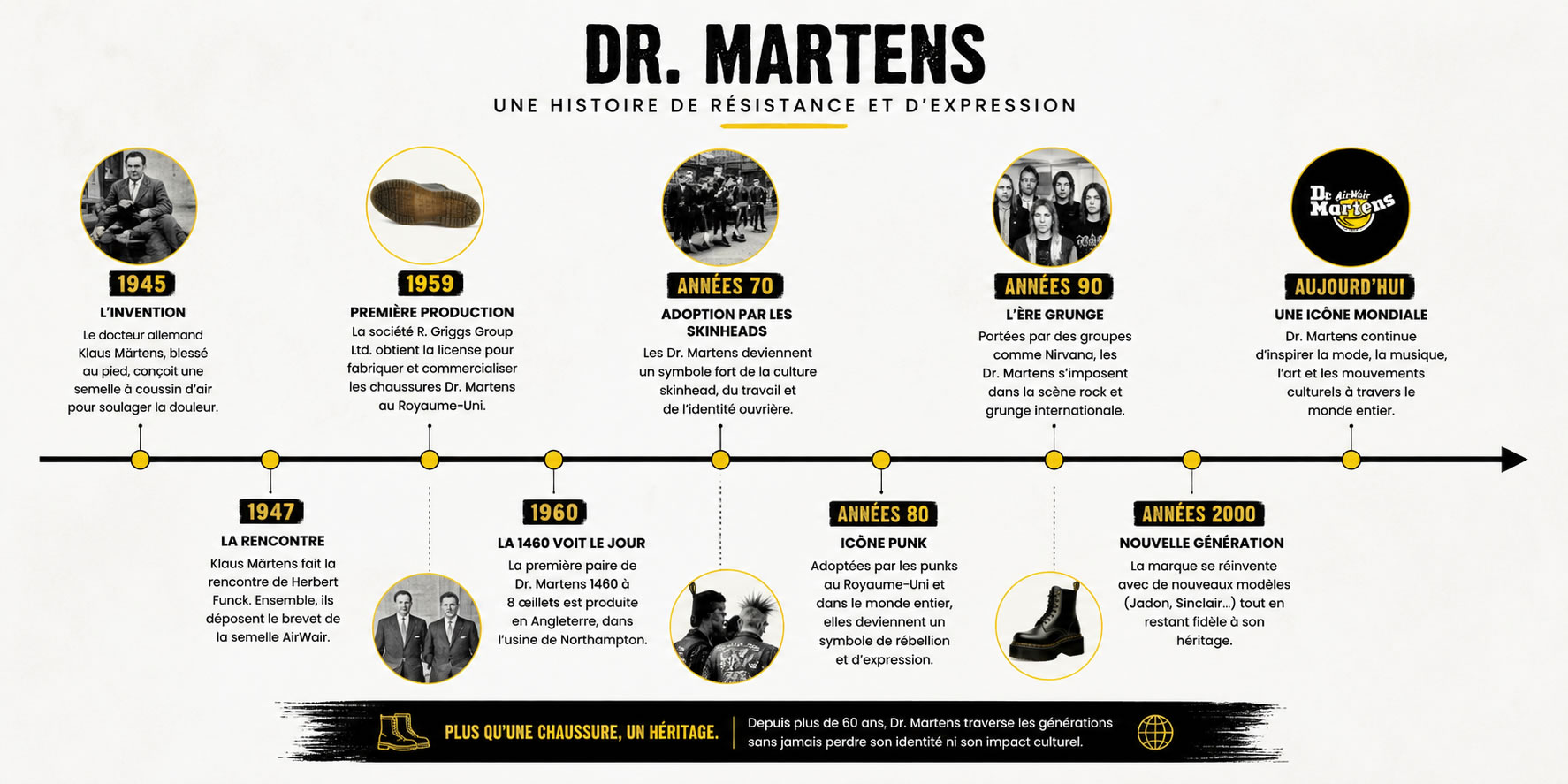 Frise chronologique de l'histoire de Dr. Martens de 1945 à aujourd'hui Frise chronologique retraçant l'histoire de Dr. Martens depuis l'invention de Klaus Märtens en 1945 jusqu'à son évolution en marque mondiale, avec les principales dates, modèles emblématiques et mouvements culturels associés.