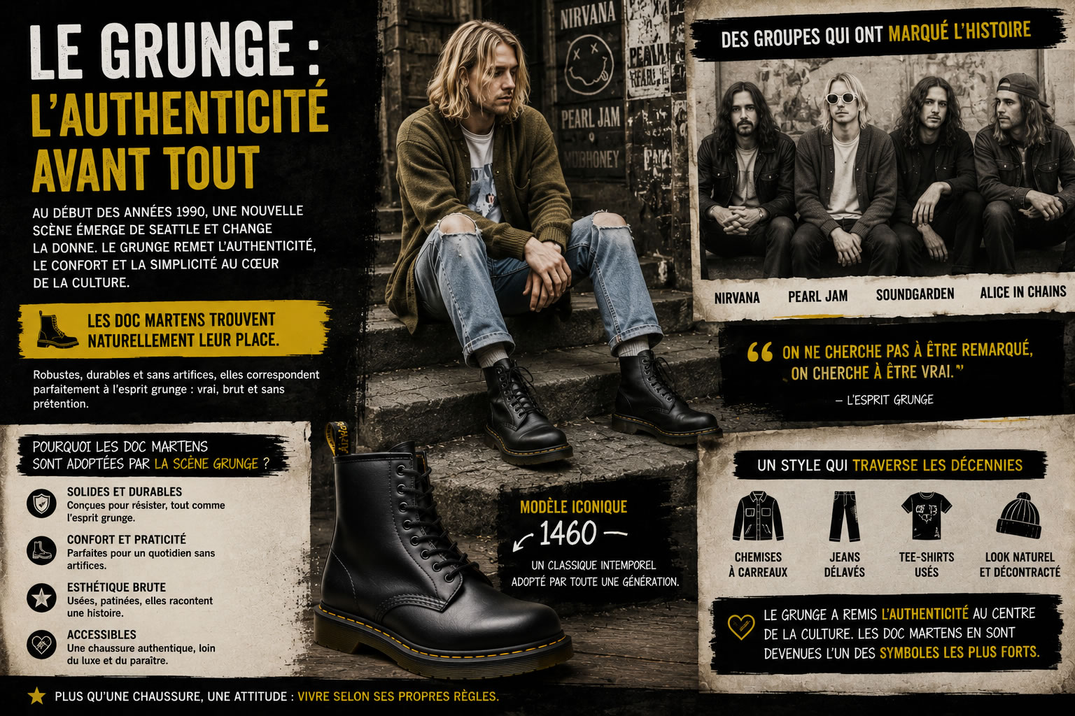 Le grunge et les Doc Martens : l'authenticité avant tout Illustration représentant l'influence du mouvement grunge sur les Doc Martens dans les années 1990, avec un style inspiré de Seattle, des vêtements décontractés et les emblématiques bottes 1460.