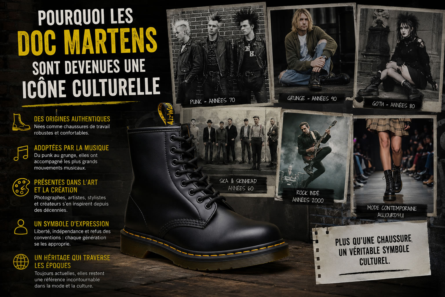 Infographie illustrant pourquoi les Doc Martens sont devenues une icône culturelle à travers le punk, le grunge, le gothique, le rock, la mode et l'art contemporain.