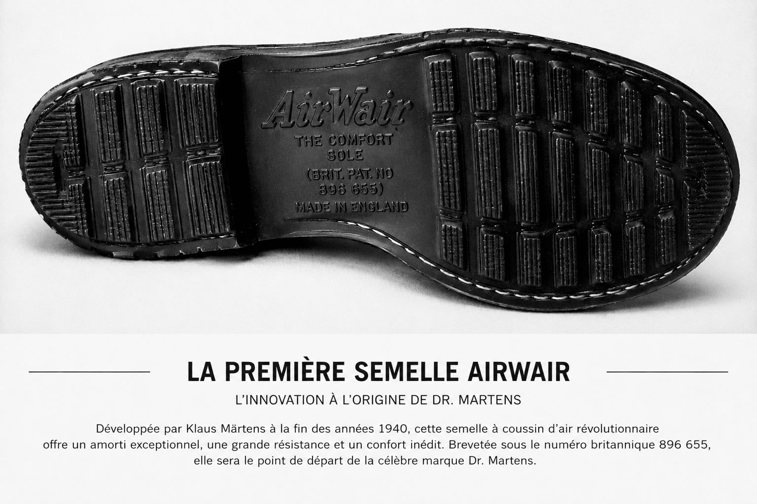 Première semelle AirWair : l'invention à l'origine des Dr. Martens Illustration en noir et blanc de la première semelle AirWair développée par Klaus Märtens, technologie à coussin d'air à l'origine des chaussures Dr. Martens.