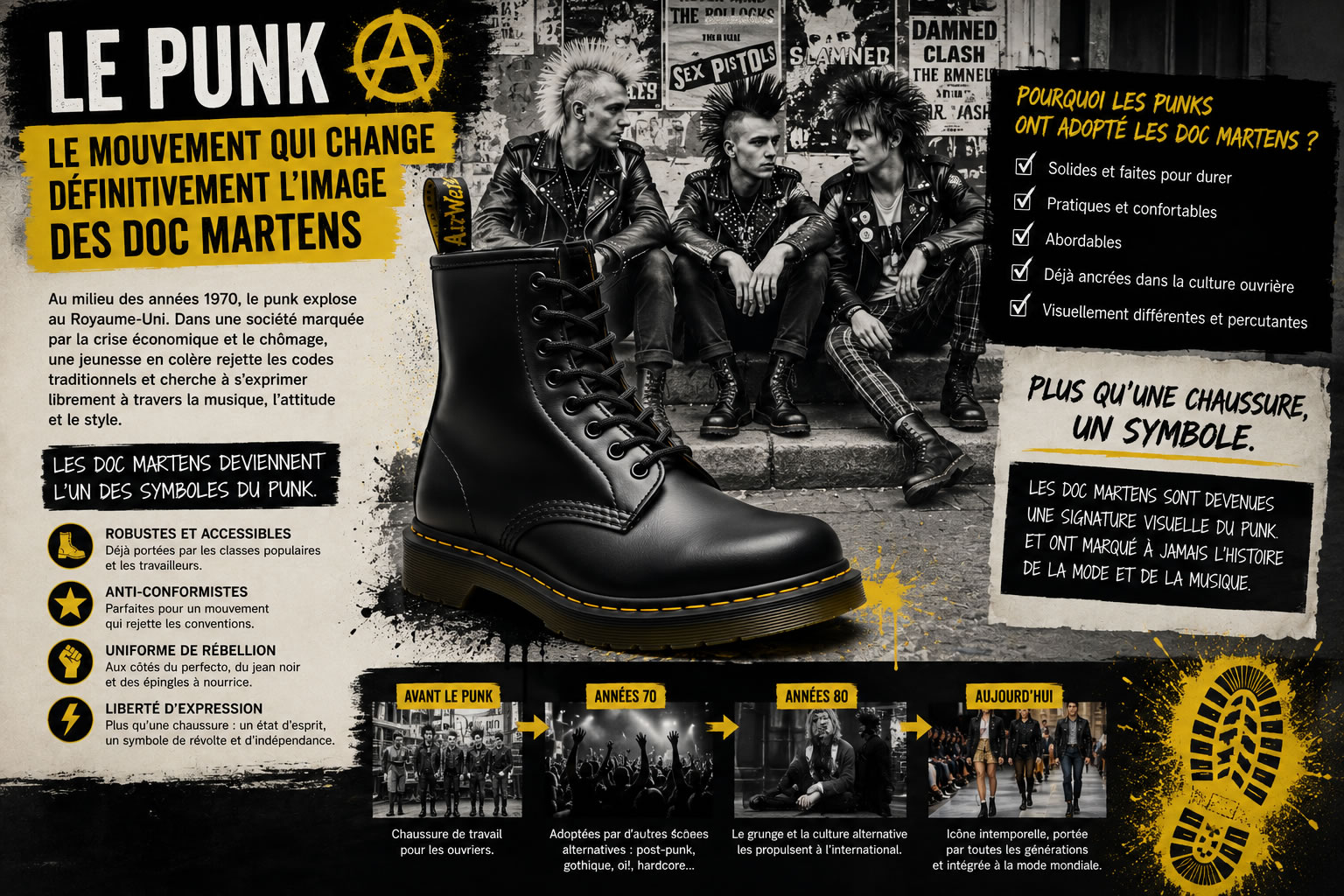 Le punk et les Doc Martens : comment ce mouvement a changé l'image de la marque Illustration montrant comment le mouvement punk des années 1970 a transformé les Doc Martens en symbole de rébellion, de liberté d'expression et de contre-culture.