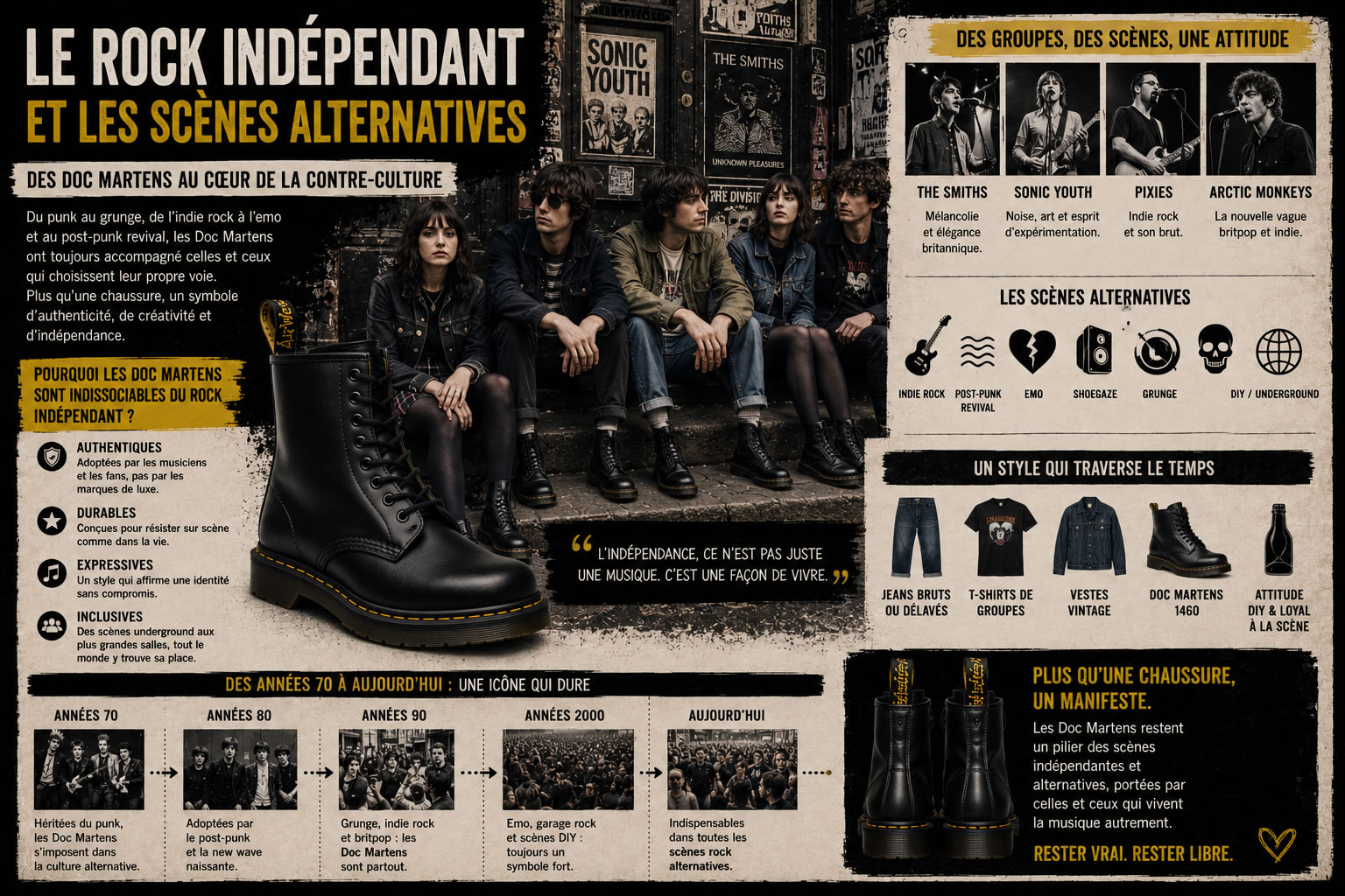 Le rock indépendant et les scènes alternatives : les Doc Martens comme symbole d'authenticité Illustration représentant l'influence des Doc Martens dans le rock indépendant et les scènes alternatives, avec des musiciens indie, des bottes emblématiques et les principaux codes du style underground.