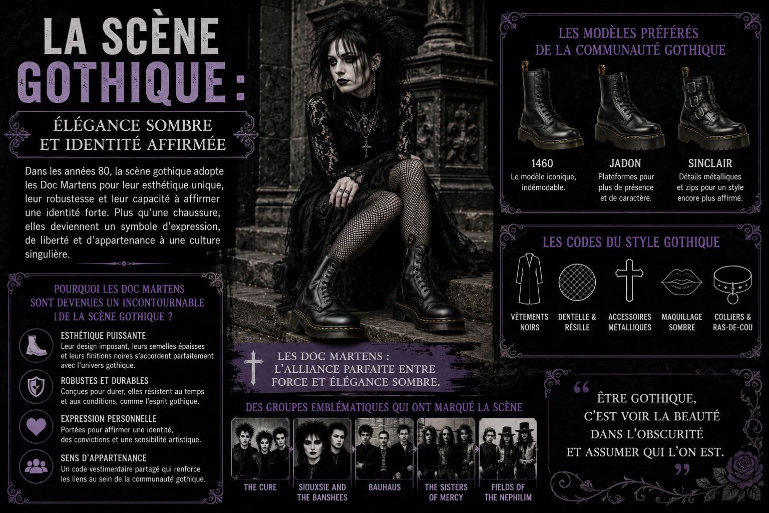 La scène gothique et les Doc Martens : élégance sombre et identité affirmée Illustration représentant l'influence de la scène gothique sur les Doc Martens, avec des bottes emblématiques, une esthétique sombre et les codes vestimentaires du mouvement gothique.