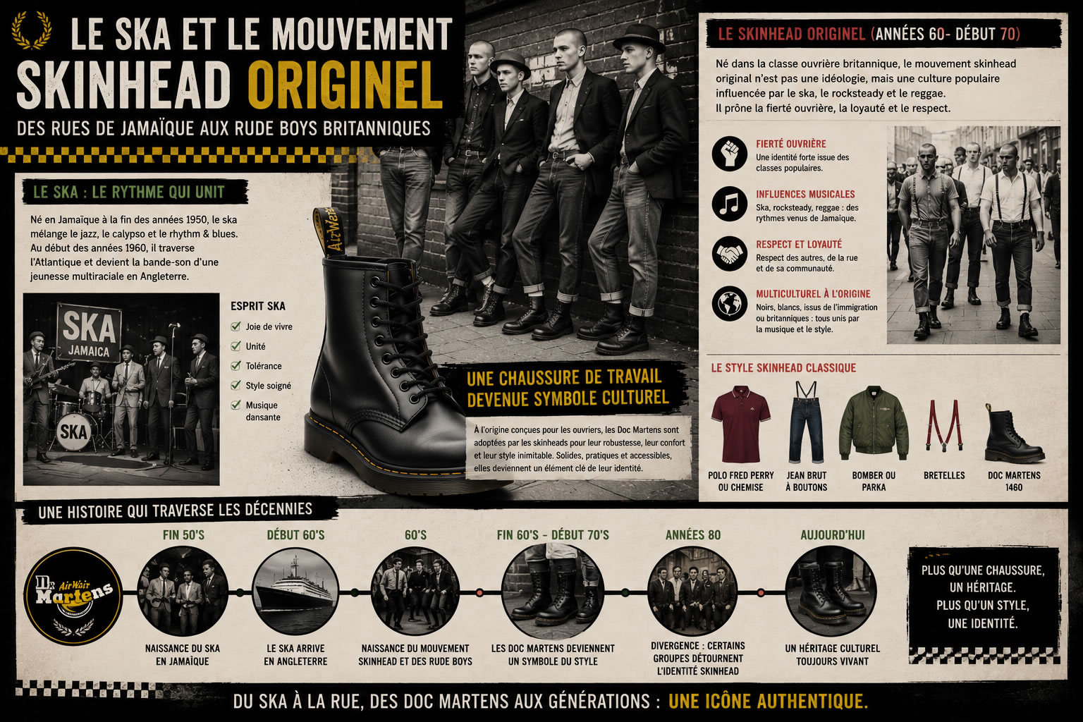 Le ska, le mouvement skinhead originel et les Doc Martens : une histoire commune Illustration montrant les liens entre le ska jamaïcain, le mouvement skinhead originel britannique et les Doc Martens, symbole de la culture ouvrière et des contre-cultures des années 1960 et 1970.