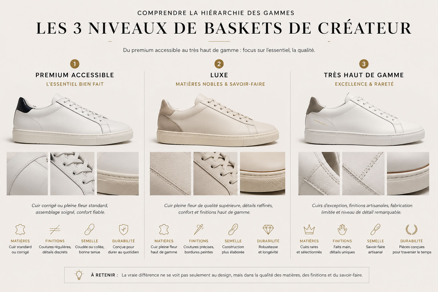Comparatif des trois niveaux de baskets de créateur pour homme : premium accessible, luxe et très haut de gamme