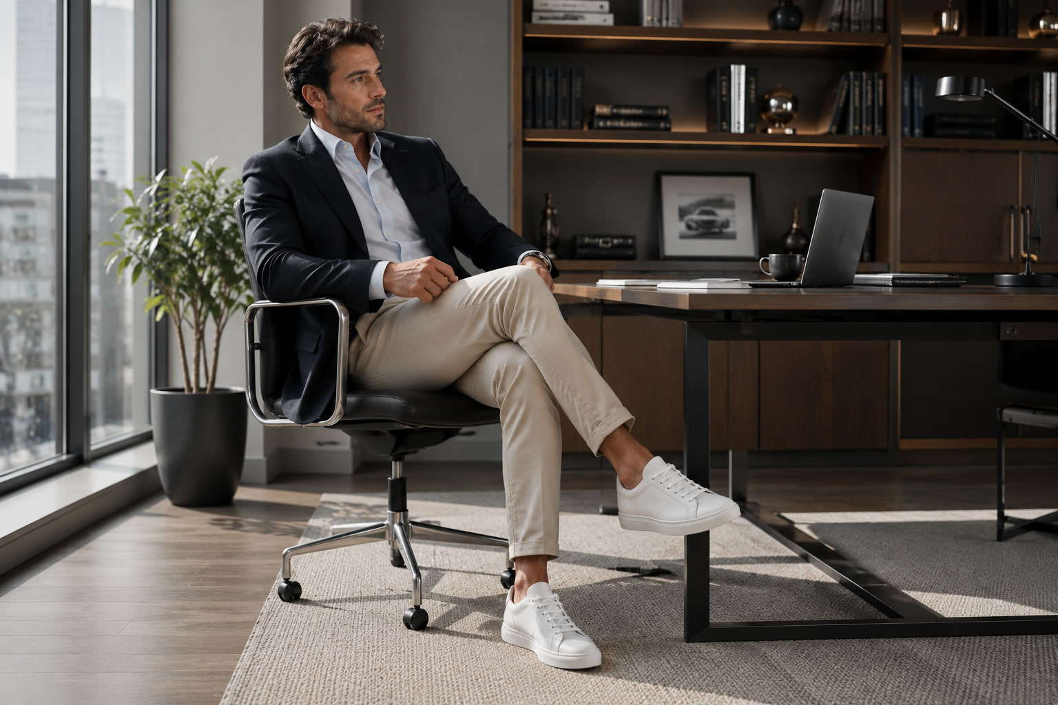 Homme élégant au bureau portant un blazer, un pantalon habillé et des baskets de créateur minimalistes en cuir blanc