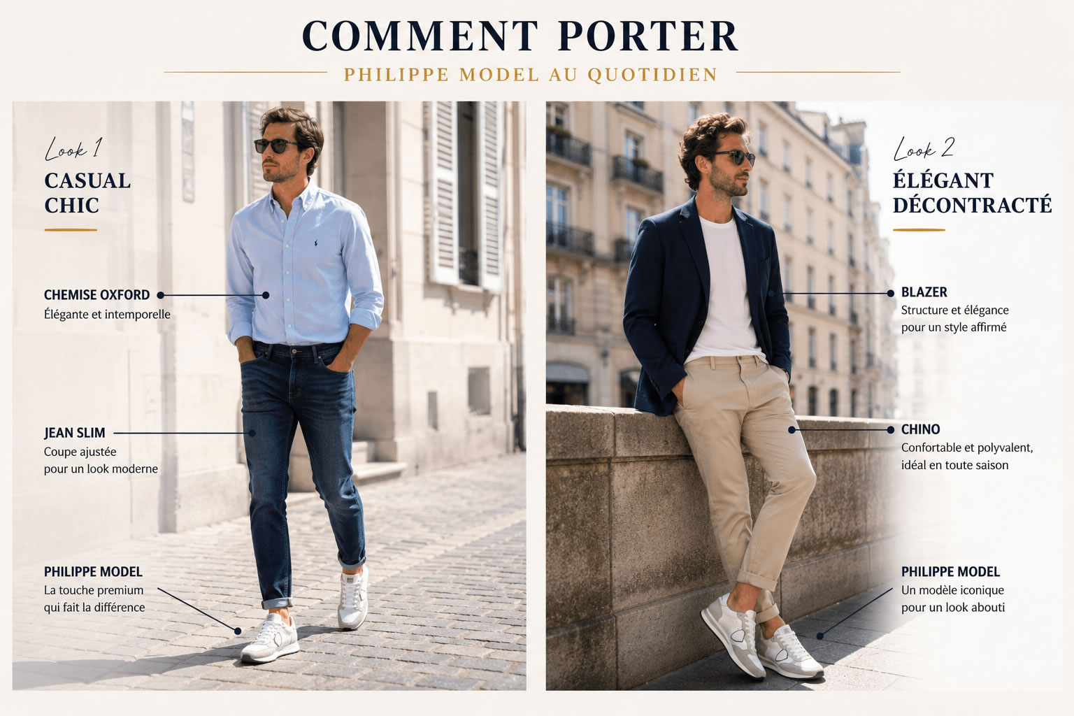 Comment porter des Philippe Model : 2 idées de looks homme Deux idées de tenues homme avec des baskets Philippe Model : jean slim et chemise Oxford ou chino et blazer