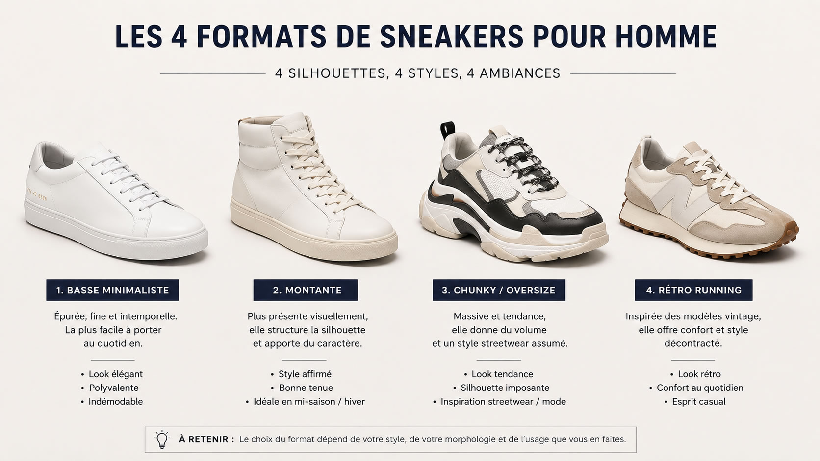 Comparatif de quatre formats de baskets de créateur pour homme : basse minimaliste, montante, chunky oversize et rétro running