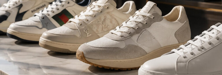 Plusieurs modèles de baskets de créateur pour homme présentés dans un décor luxueux et contemporain