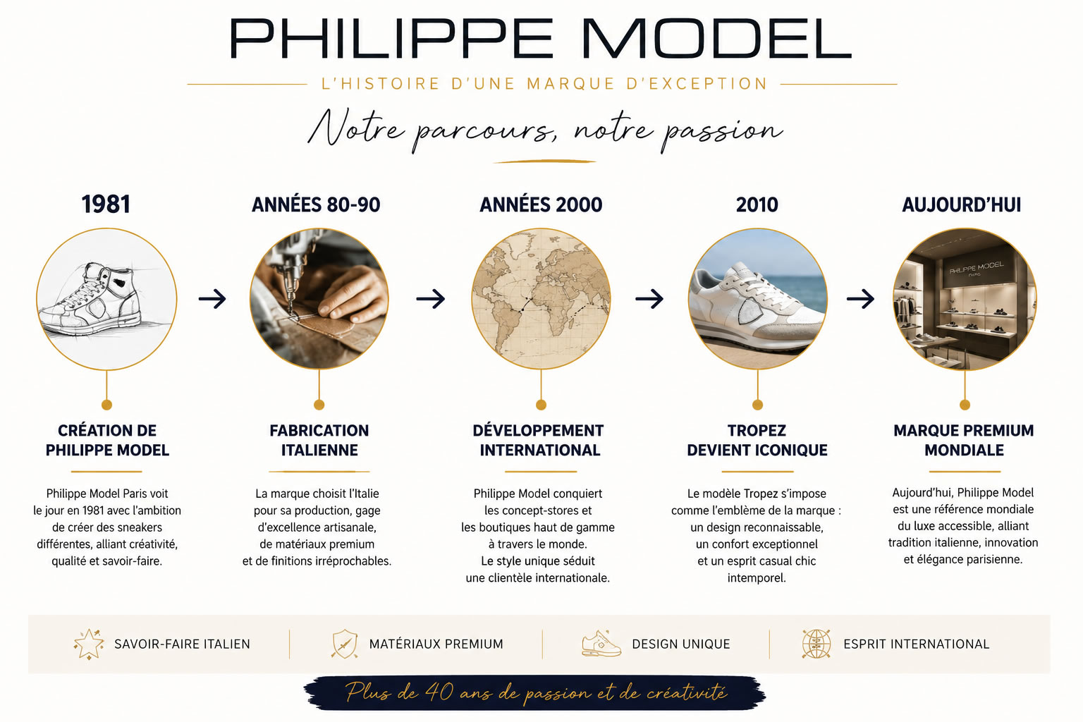 Histoire de Philippe Model : de 1981 à aujourd’hui Frise chronologique de l’histoire de Philippe Model depuis sa création en 1981 jusqu’à son développement comme marque premium mondiale