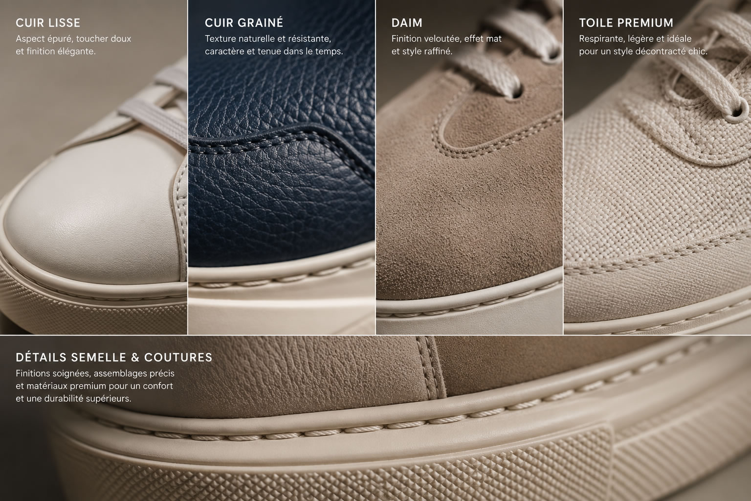 Gros plans des matières de baskets de créateur : cuir lisse, cuir grainé, daim, toile premium, semelle et coutures