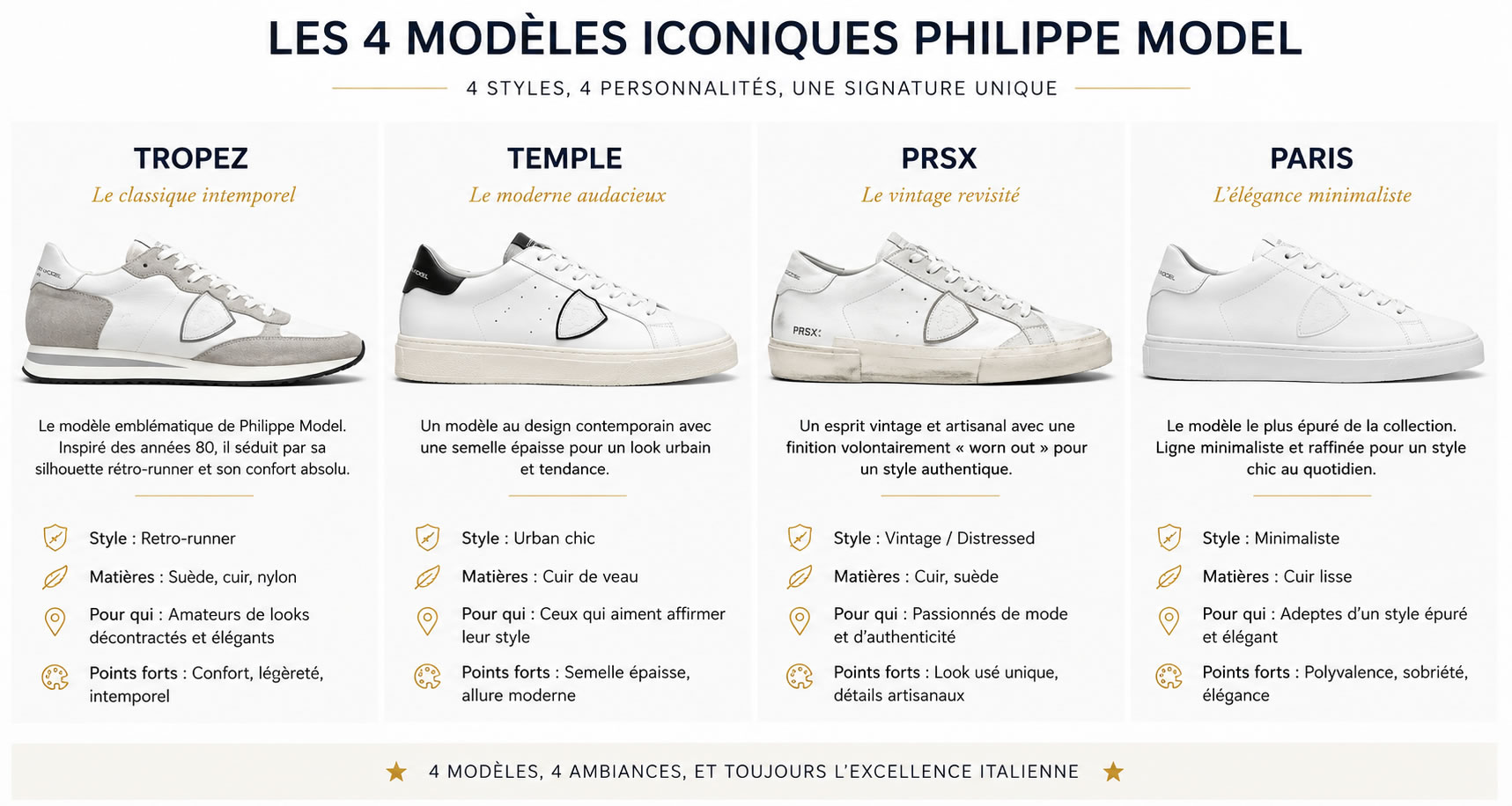 Les 4 modèles iconiques Philippe Model : Tropez, Temple, PRSX et Paris Comparatif visuel des baskets Philippe Model Tropez, Temple, PRSX et Paris avec leurs styles et principales différences