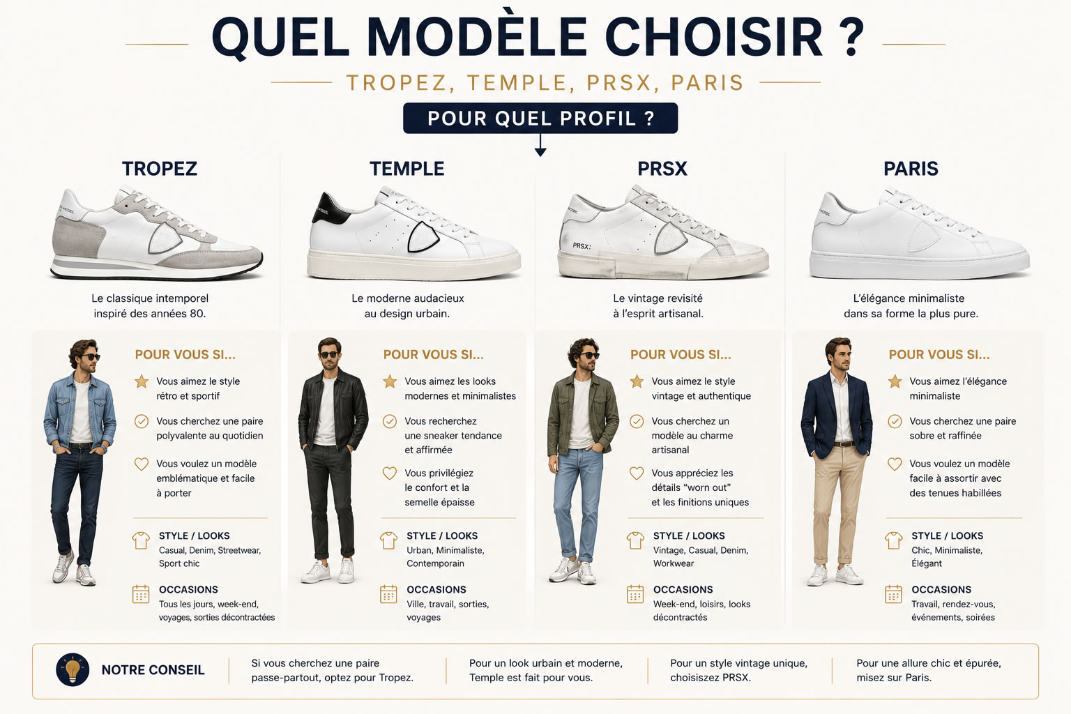 Quel modèle Philippe Model choisir ? Guide comparatif des sneakers Infographie comparant les modèles Philippe Model Tropez, Temple, PRSX et Paris selon le profil, le style et les usages