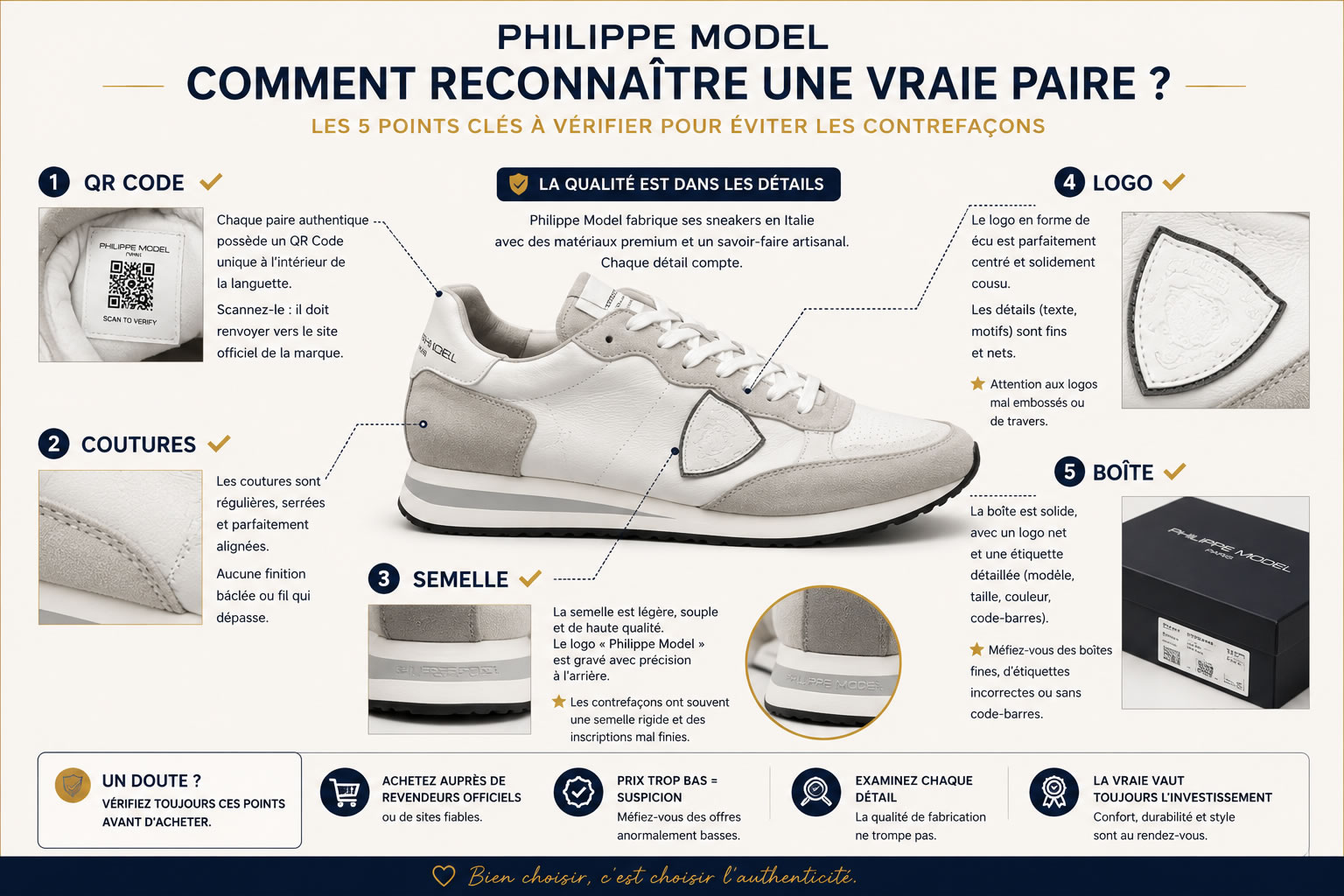 Comment reconnaître une vraie paire de Philippe Model Infographie expliquant comment reconnaître une authentique paire de Philippe Model grâce au QR Code, aux coutures, à la semelle, au logo et à la boîte
