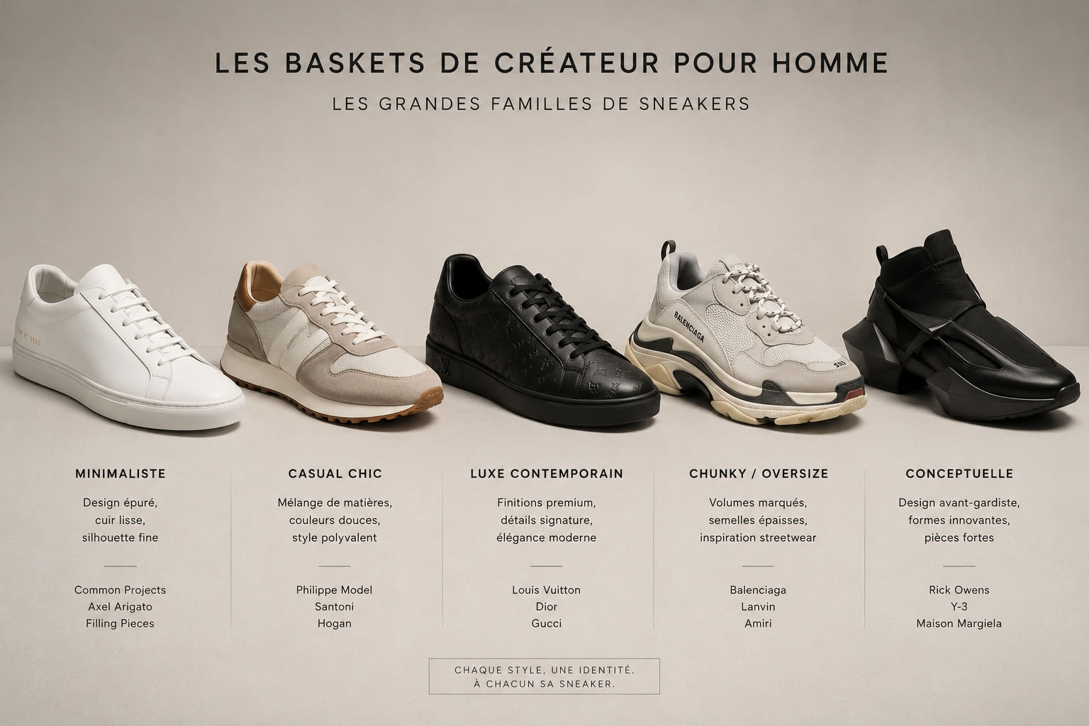 Comparatif de cinq types de baskets de créateur pour homme : minimaliste, casual chic, luxe contemporain, chunky et conceptuelle