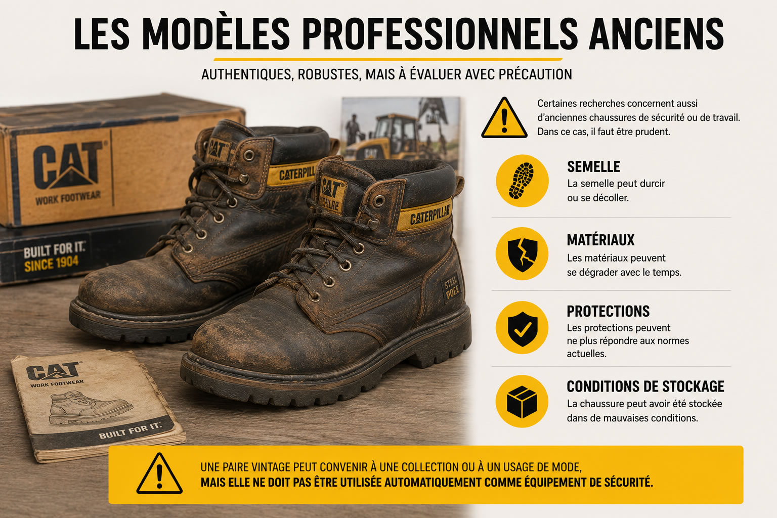 Infographie présentant d'anciennes chaussures de sécurité Caterpillar et les principaux risques liés à leur utilisation : semelle usée, matériaux vieillissants, protections obsolètes et mauvaises conditions de stockage.