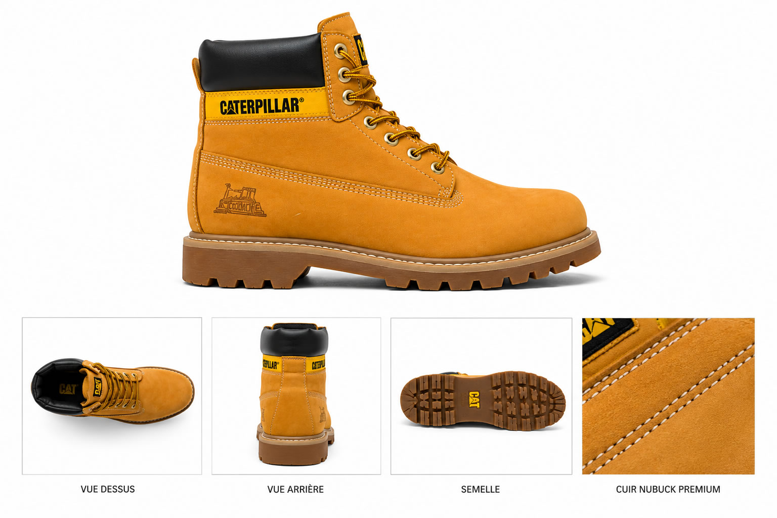 Chaussure Caterpillar Colorado Honey photographiée de profil sur fond blanc avec une galerie de détails présentant la vue de dessus, la vue arrière, la semelle crantée et le cuir nubuck premium.