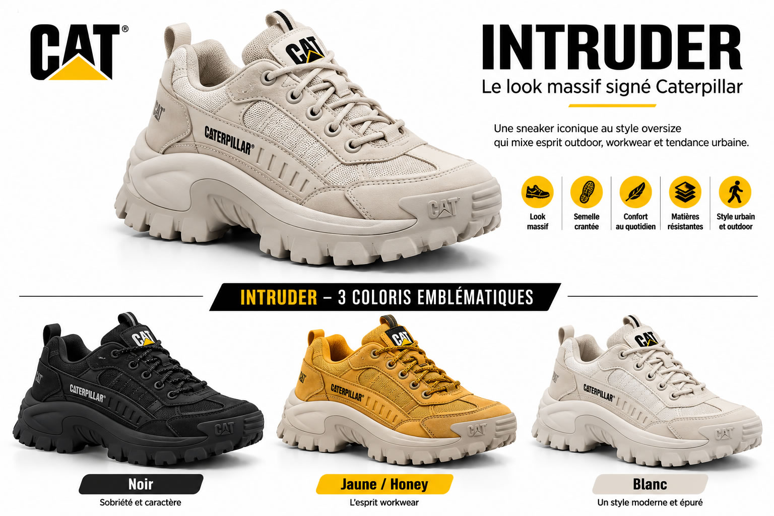Sneaker Caterpillar Intruder présentée sur fond blanc avec une grande vue du modèle et une comparaison des trois principaux coloris : noir, jaune Honey et blanc.