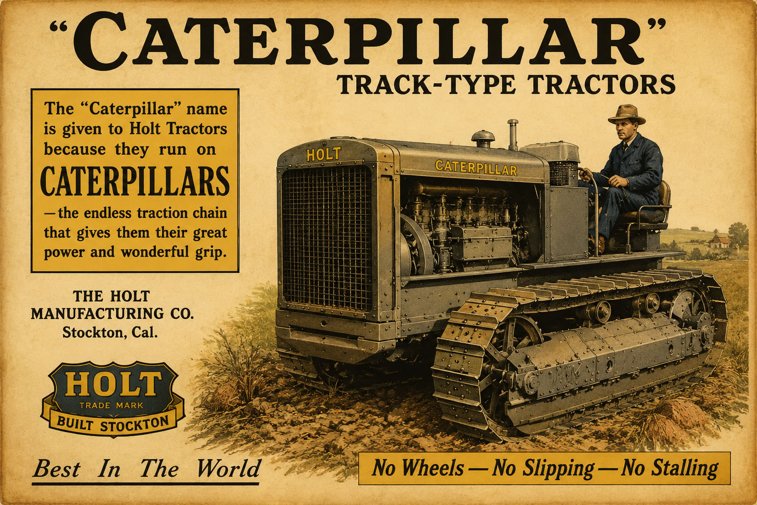 Affiche publicitaire ancienne présentant un tracteur à chenilles Holt, dont le système de chenilles est à l'origine du nom Caterpillar.