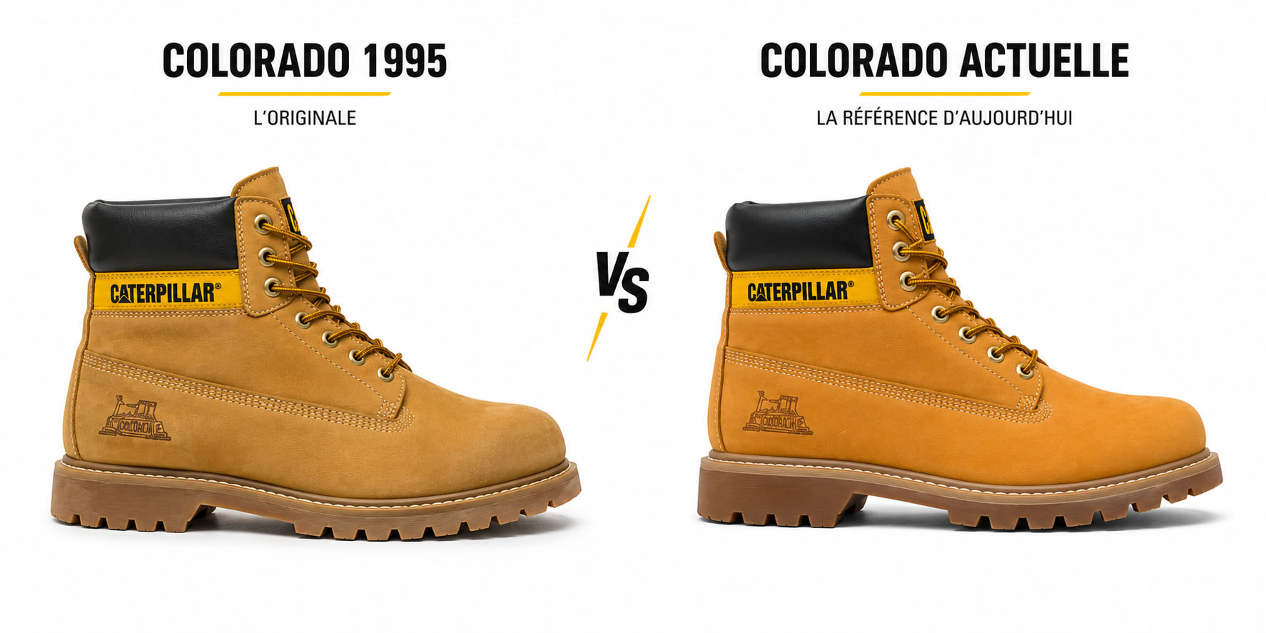 Comparatif entre une Caterpillar Colorado de 1995 et une Caterpillar Colorado actuelle, photographiées de profil sur fond blanc afin de mettre en évidence les évolutions du design, des matériaux et de la semelle.