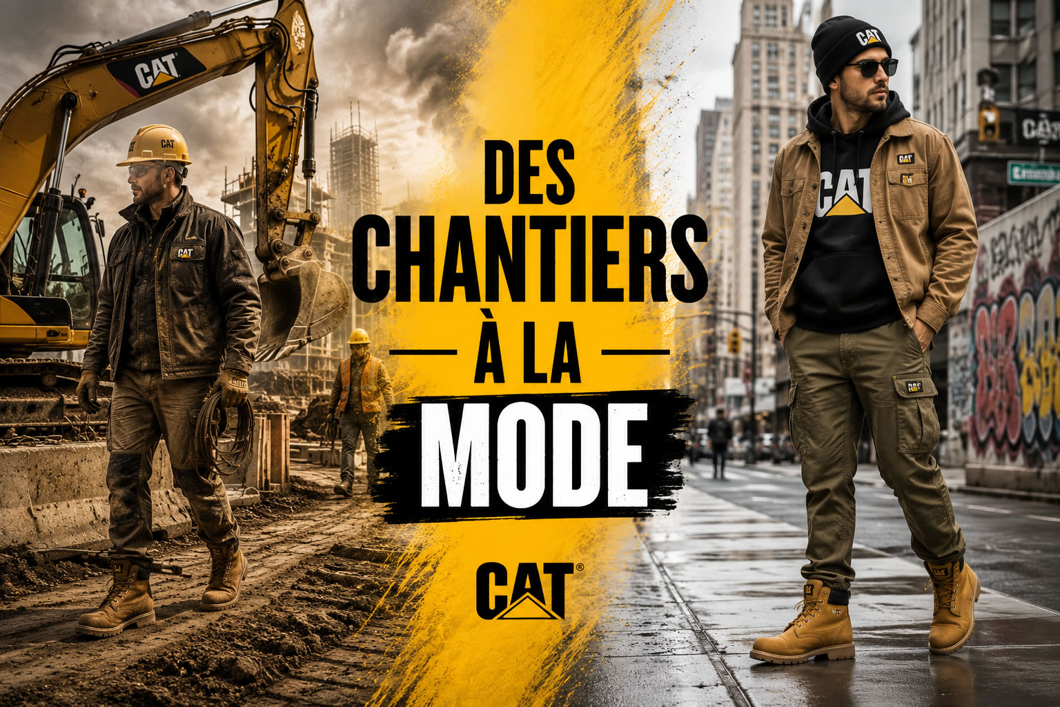 Des chantiers à la mode : l'évolution de Caterpillar vers le prêt-à-porter Composition illustrant la transition de Caterpillar du monde des chantiers vers la mode avec, à gauche, un ouvrier devant un engin Caterpillar et, à droite, un homme portant des boots CAT, un pantalon cargo et une veste workwear en milieu urbain.