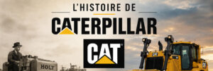 Illustration représentant l'évolution de Caterpillar entre un tracteur à chenilles historique Holt, le logo CAT et un bulldozer moderne, symbolisant plus de cent ans d'innovation industrielle.