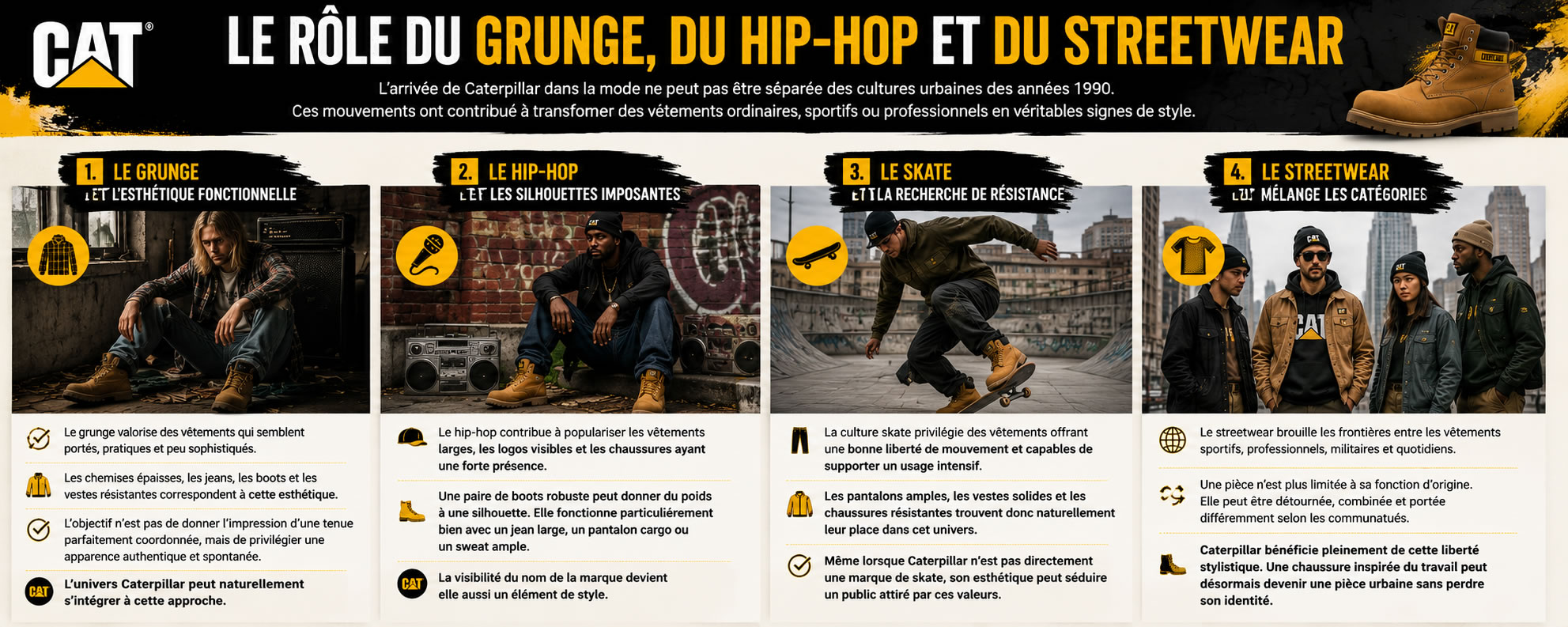 Le rôle du grunge, du hip-hop, du skate et du streetwear dans l'essor de la mode Caterpillar Frise chronologique horizontale illustrant l'influence du grunge, du hip-hop, du skate et du streetwear sur l'arrivée de Caterpillar dans la mode, avec des tenues workwear, des boots CAT et des silhouettes urbaines emblématiques des années 1990.