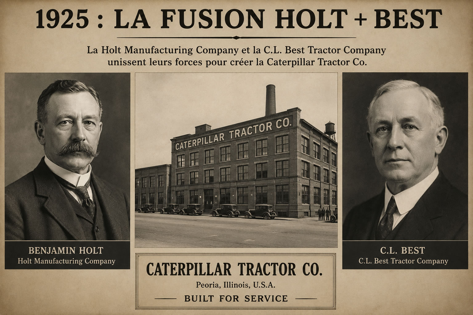 Montage historique présentant Benjamin Holt, C. L. Best et la création de Caterpillar Tractor Company après la fusion de leurs entreprises en 1925.
