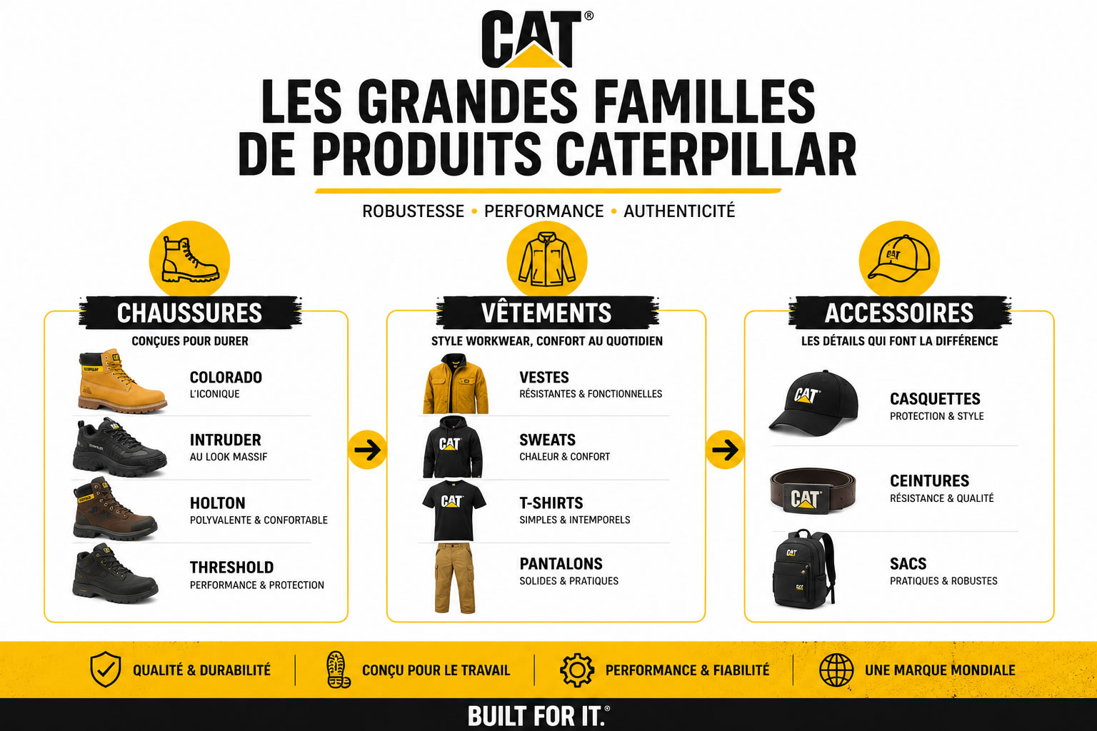 Infographie présentant les principales familles de produits Caterpillar avec les chaussures Colorado, Intruder, Holton et Threshold, les vêtements CAT (vestes, sweats, t-shirts, pantalons) ainsi que les accessoires comme les casquettes, ceintures et sacs.