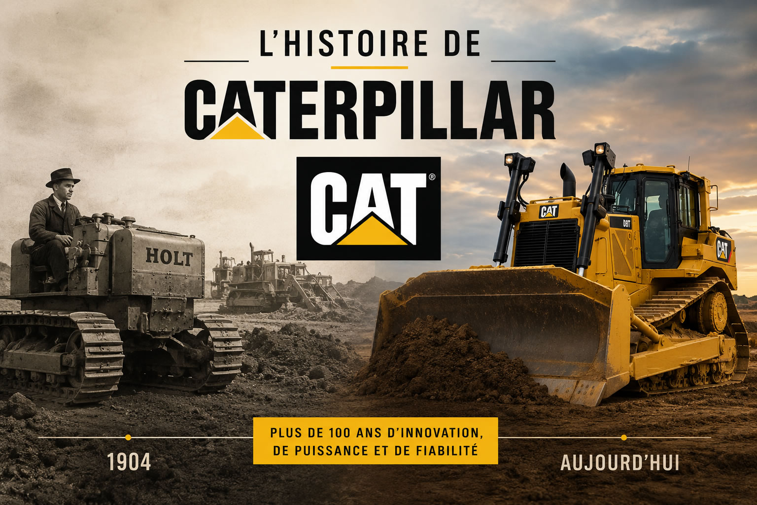 Montage illustrant l'histoire de Caterpillar avec un ancien tracteur à chenilles Holt, le logo CAT et un bulldozer Caterpillar moderne symbolisant l'évolution de la marque depuis 1904.
