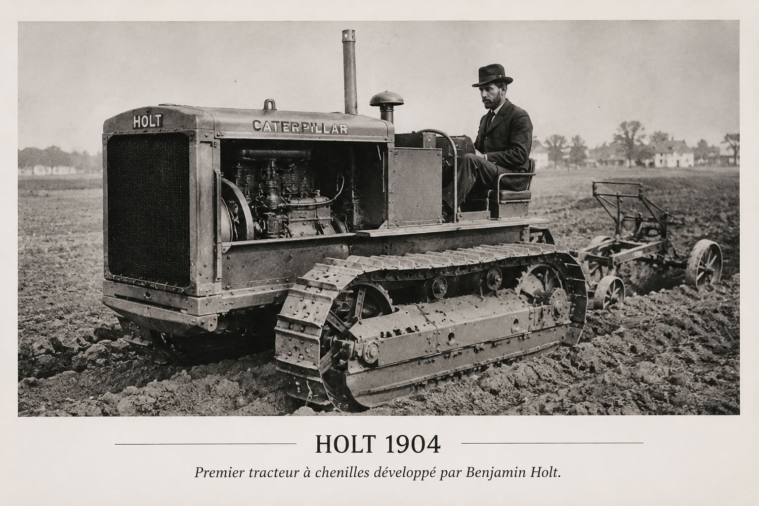 Photographie historique du premier tracteur à chenilles Holt testé par Benjamin Holt en 1904, à l'origine de la technologie qui inspirera Caterpillar.