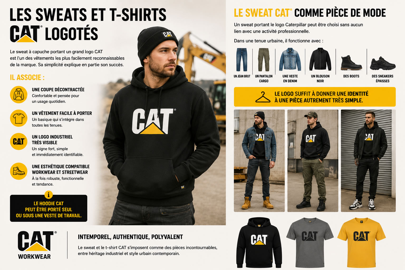 Illustration présentant les sweats à capuche et t-shirts Caterpillar logotés avec le logo CAT, accompagnés de propositions de tenues mêlant jean brut, pantalon cargo, veste en denim, boots et sneakers dans un style workwear et streetwear.