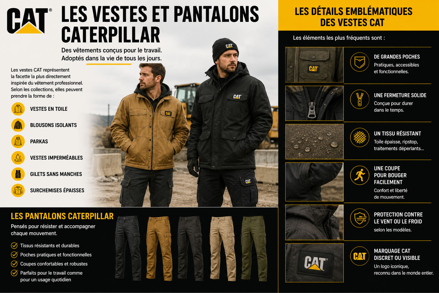 Infographie présentant les vestes et pantalons Caterpillar avec leurs principales caractéristiques : grandes poches, fermeture robuste, tissu résistant, coupe confortable, protection contre le vent ou le froid et logo CAT.