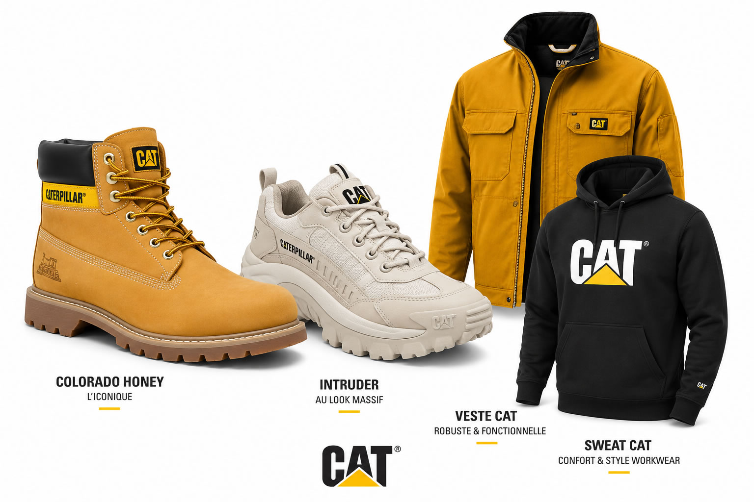 Montage présentant les vêtements et chaussures Caterpillar les plus emblématiques avec les boots Colorado Honey, les sneakers Intruder, une veste CAT et un sweat à capuche officiel de la marque.