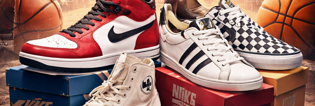 Sneakers iconiques comme Air Jordan, Adidas Superstar et Converse illustrant l’histoire des baskets du sport à la mode urbaine