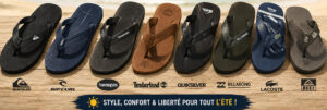 Sélection des meilleures tongs homme pour l’été avec différents modèles confortables et résistants présentés sur une plage tropicale.