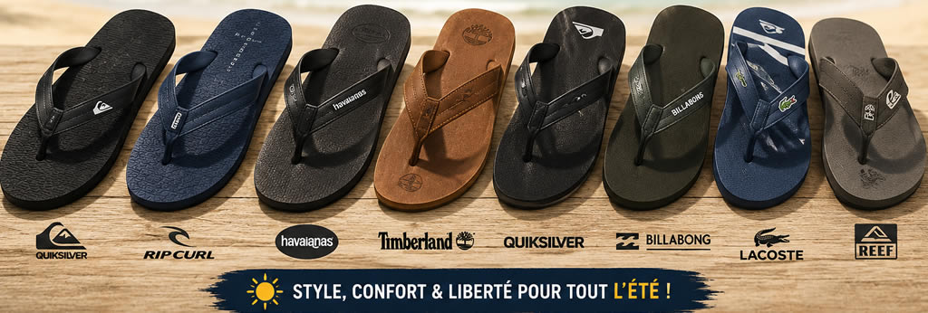 Sélection des meilleures tongs homme pour l’été avec différents modèles confortables et résistants présentés sur une plage tropicale.