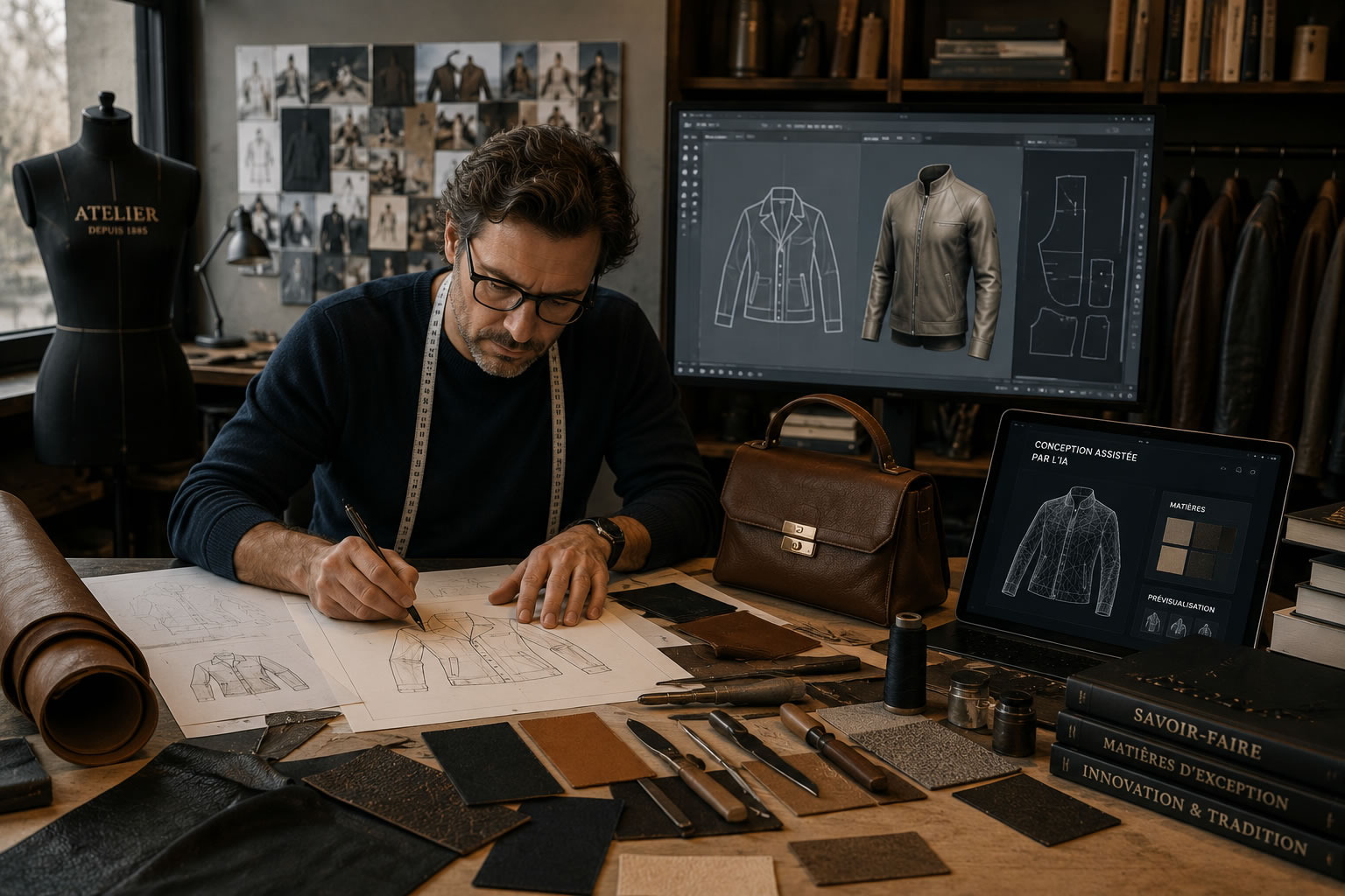 Avenir de la mode et du luxe : entre savoir-faire et intelligence artificielle Créateur de mode travaillant entre savoir-faire artisanal et outils numériques assistés par intelligence artificielle
