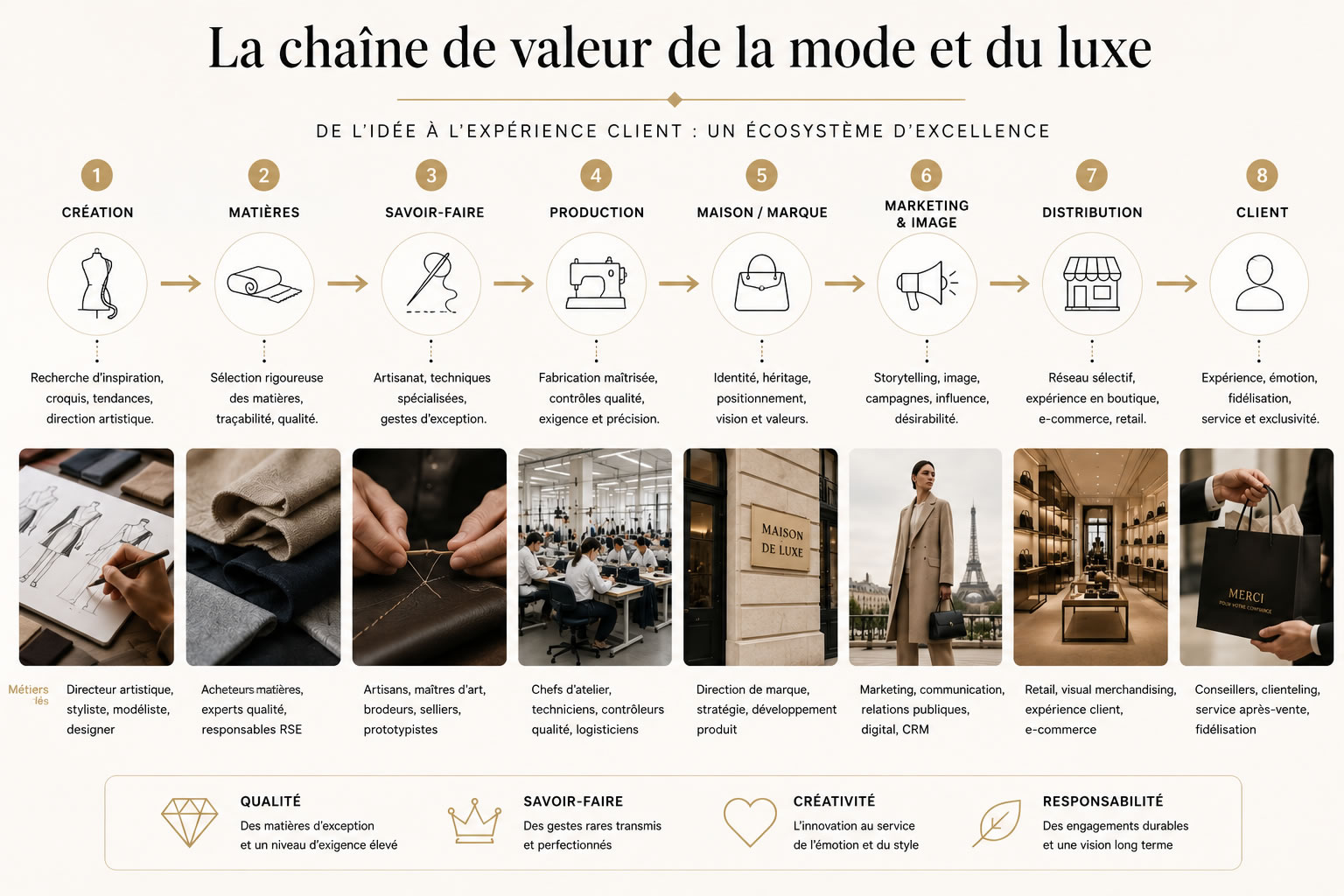 Chaîne de valeur de la mode et du luxe Infographie de la chaîne de valeur de la mode et du luxe, de la création au client