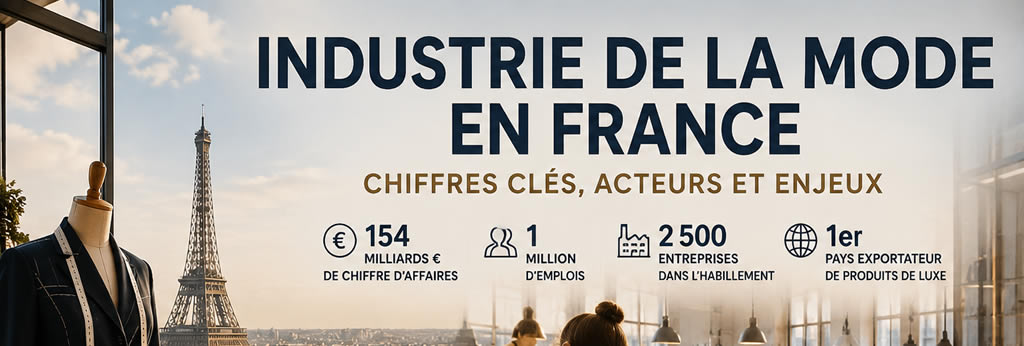 Industrie de la mode en France illustrée par un atelier de confection parisien, avec chiffres clés, artisanat, luxe et fabrication.