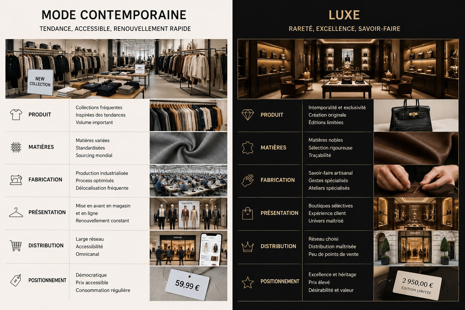 Mode et luxe : quelles différences ? Comparatif entre mode contemporaine et luxe : produits, matières, fabrication, présentation et distribution