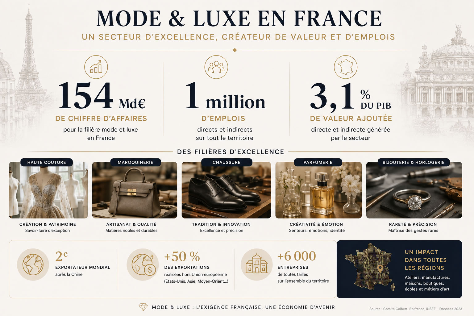 Mode et luxe en France : chiffres clés du secteur Infographie sur la mode et le luxe en France : 154 milliards d’euros de chiffre d’affaires, 1 million d’emplois et 3,1 % du PIB