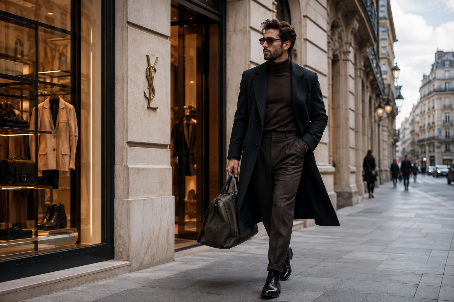 Mode et luxe : élégance masculine et univers des créateurs Homme élégant en tenue haut de gamme devant une boutique de luxe à Paris